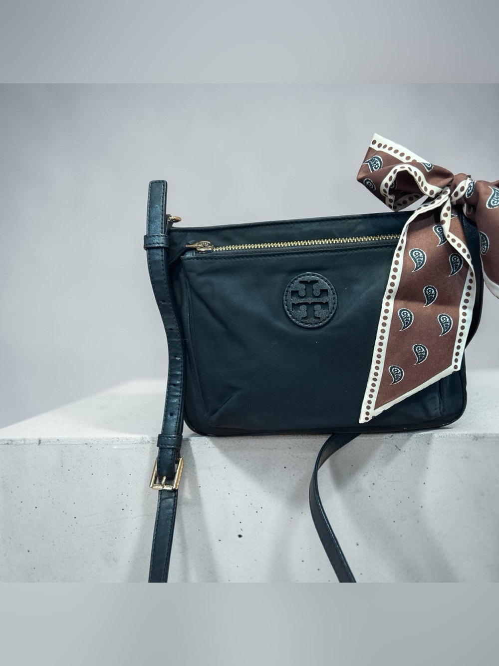 Tory Burch Black Nylon Crossbody with Brown Paisley Scarf - Picture 2 of 12